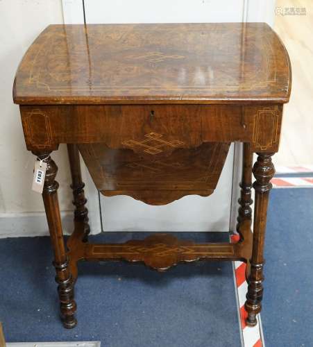 A Victorian inlaid burr walnut work table, width 62cm, depth...