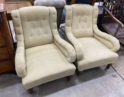 A pair of Victorian upholstered low elbow chairs, width 72cm...