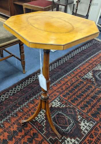 A Sheraton revival satinwood tripod table, with inlaid octag...