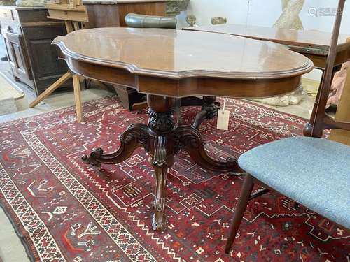 A Victorian oval rosewood tilt top centre table, width 132cm...