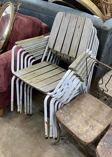 A set of six weathered teak and wrought iron stacking garden...