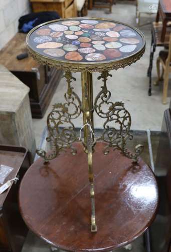 A circular brass and specimen marble tripod table, top diame...