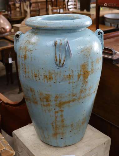 A large blue glazed earthenware garden planter, height 65cm