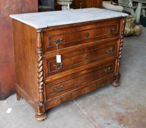 A 19th century French marble top walnut commode, width 109cm...