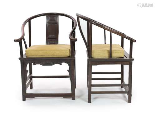 A pair of Chinese tielimu horseshoe-back armchairs, 18th/19t...