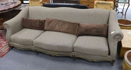 A large Louis XV style scroll arm sofa upholstered in a twee...