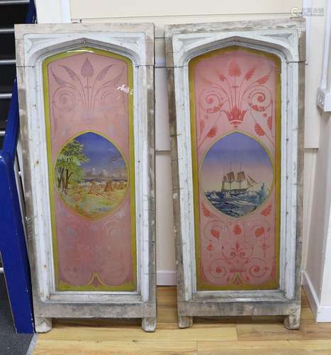 A pair of early 20th century Gothic style painted glass wind...