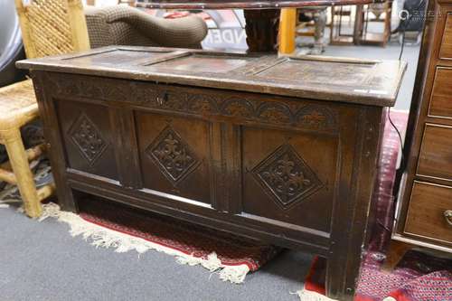 A late 17th century carved oak coffer, length 134cm, depth 5...