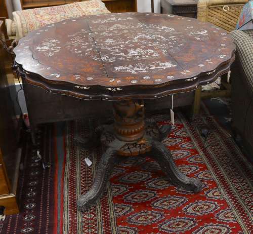 A Chinese carved hardwood circular inlaid centre table, diam...