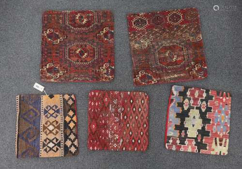 Five assorted Kilim and Tekke carpet cushion covers, largest...