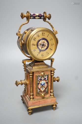 A French champleve enamel ormolu and marble mantle timepiece...