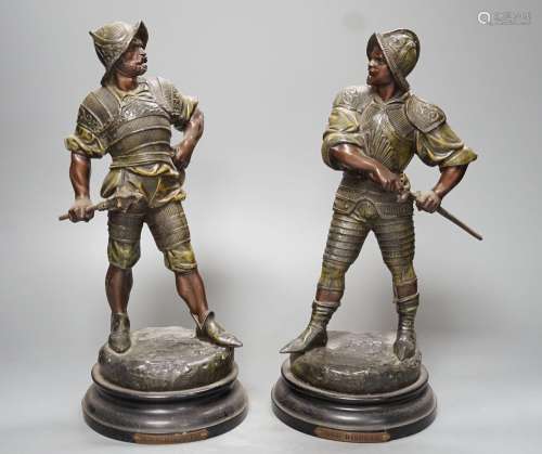 A pair of late Victorian bronzed spelter figures of 17th cen...
