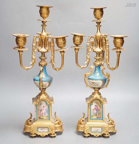 A pair of Louis XVI style ormolu and Sevres style porcelain ...