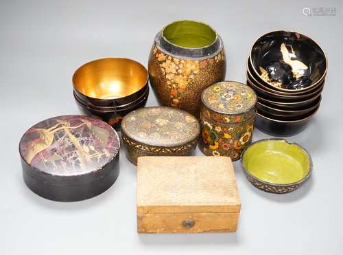 Mixed decorative Chinese and Indian lacquer wares, the barre...