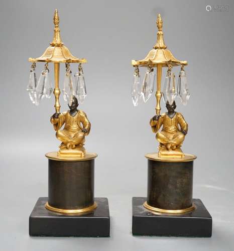 A pair of Louis XVI style bronze chinoiserie lustres depicte...