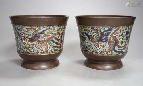 A pair of Japanese bronze and champleve enamel pots - 12cm t...