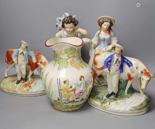 Assorted Staffordshire figures and a peck o malt jug - talle...