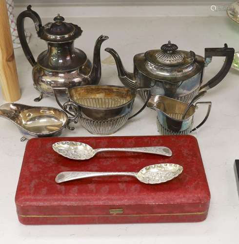 A silver plated 3 piece tea set and other plated wares
