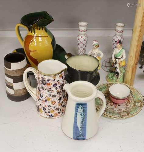 A pair of Dresden candlesticks, various art pottery jugs and...