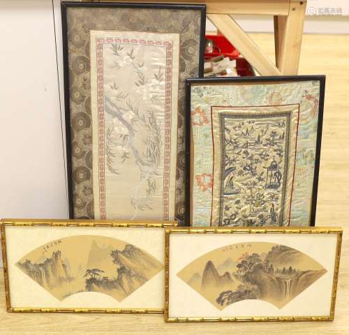 Two Chinese embroideries and two Chinese printed fans (frame...