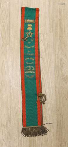 Railway Interest - A metal thread embroidered silk sash insc...