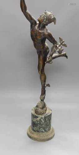 A large late 19th century bronze figure of Mercury,79 cms hi...