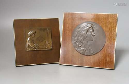 Two Stefan Schwartz bronze relief plaque, mounted on mahogan...