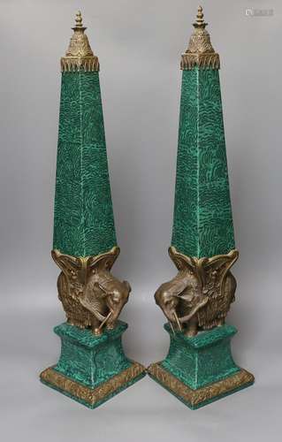 A decorative pair of faux malachite ‘elephant’ obelisks 65cm...