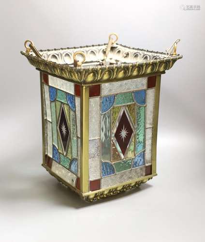 A stained glass and brass hanging hall lantern, 36cm to top ...