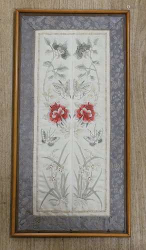 A pair of Chinese 19th century framed embroidered sleeve ban...