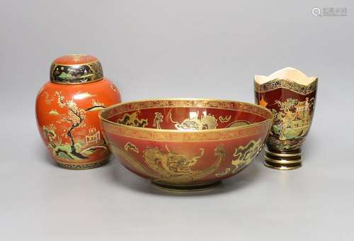 Carlton ware chinoiserie lustre red ground dragon bowl, Roug...