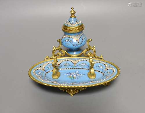 A French gilt metal and ‘jewelled’ enamel inkstand 15cm wide