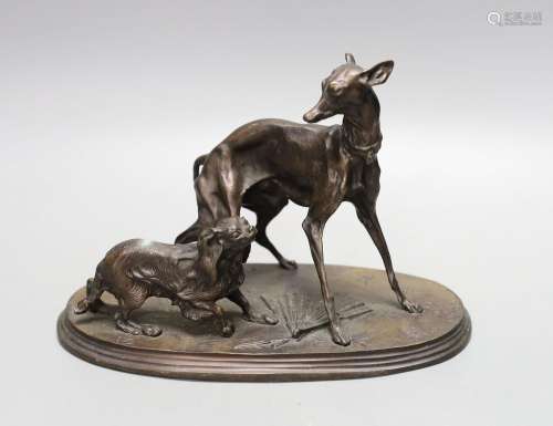 After Mene, bronze group of two dogs 22cm wide