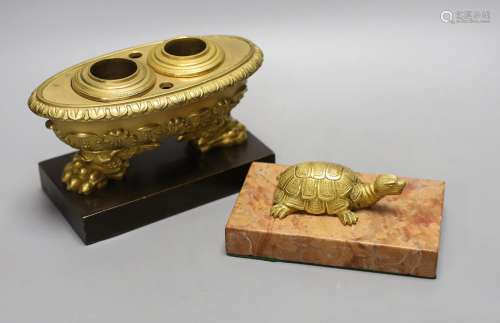 An Empire style ormolu inkstand and a similar gilt metal and...
