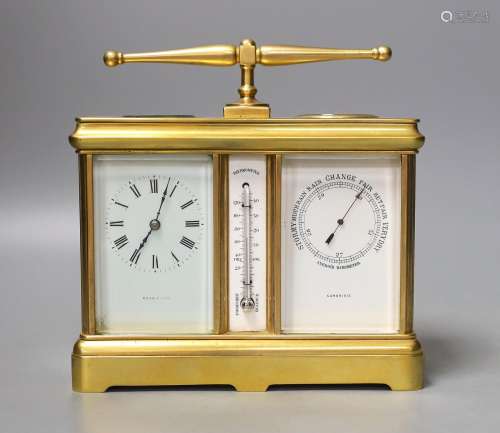 A French combination brass carriage timepiece, barometer, th...