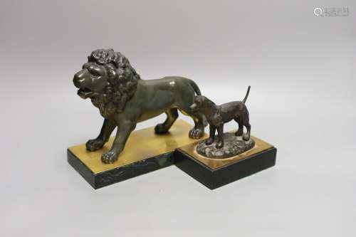 A bronze of a lion on marble base together with a bronze of ...