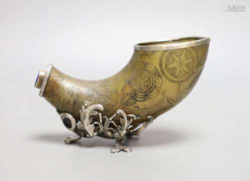An 18th century, silver mounted decorated horn, with lapis m...