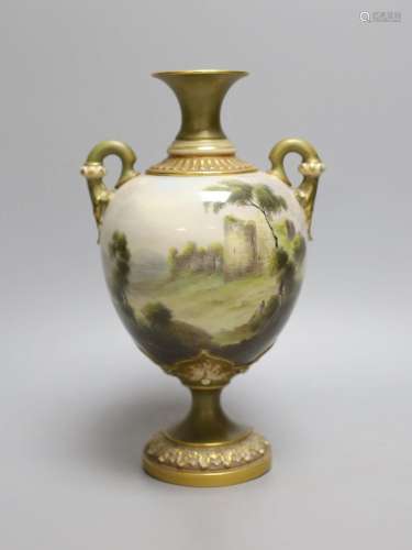 A Royal Worcester two handled vase painted with Caerphilly C...