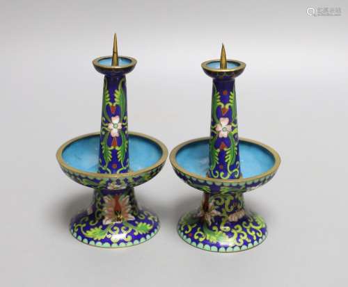 A pair of blue cloisonne pricket candlesticks - 12cm tall