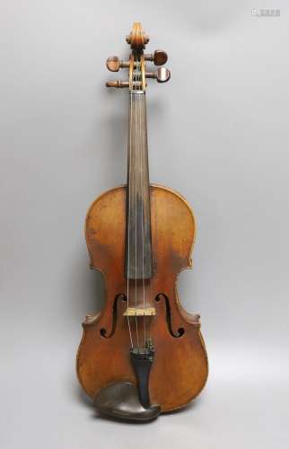A 19th century violin with 14 inch 2 piece back, unlabelled,...