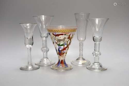 Four 18th century drinking glasses and a Bohemian Historismu...