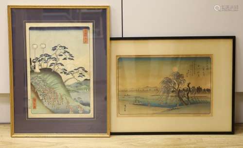 Hiroshige, two woodblock prints, Journey along the Tokaido m...