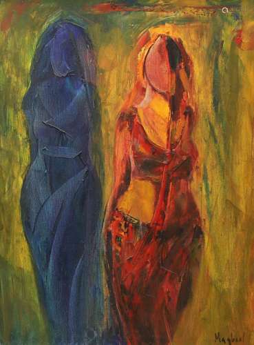 Maqbool, oil on canvas, Two standing figures, signed and dat...