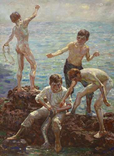 After Henry Scott Tuke, oil on canvas, Boys fishing along th...