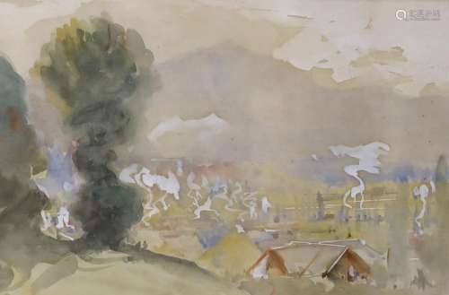 Sir Alfred East (1849-1913), watercolour, Hillside view, sig...
