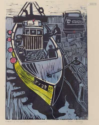 Brian Murray, linoprint, Landing the catch, signed, 2/5, 44 ...