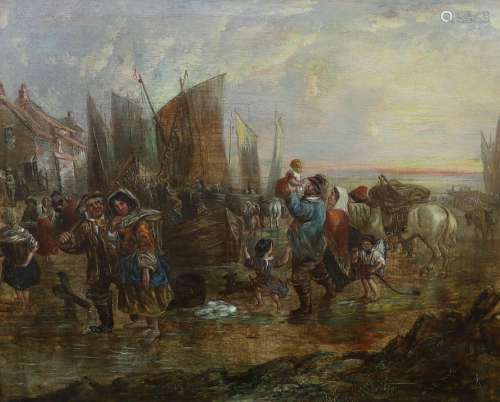 English School c.1900, oil on canvas, Fisherfolk at low tide...