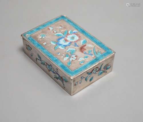 A Chinese Export white metal and enamel rectangular snuff bo...