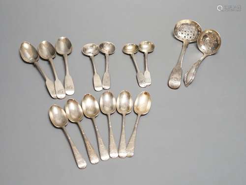 A quantity of silver teaspoons, sifter spoons and condiment ...