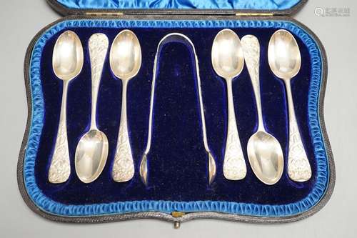 A cased set of six late Victorian silver teaspoons with suga...